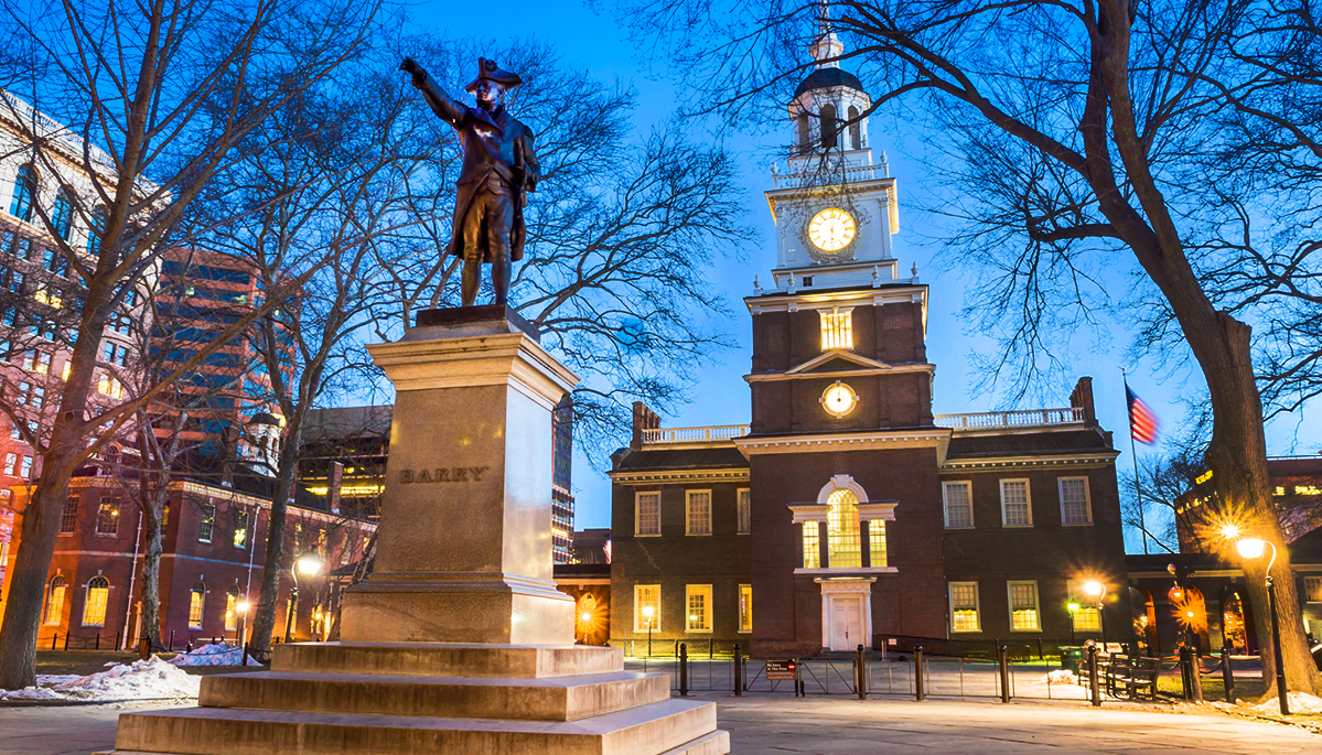 Statue OF Commodore John Barry, directly in front of the formal entrance to Independence Hall in Philadelphia, PA.